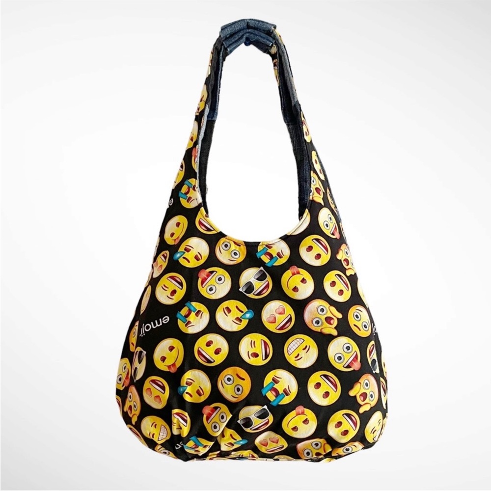Emoji and Denim Shoulder Tote Bag Double Strap